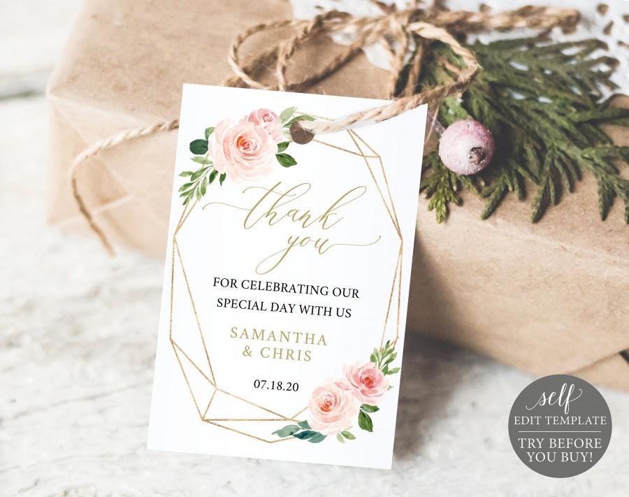 Mariage - Thank You Tag Template, TRY BEFORE You BUY, Instant Download, Wedding Favor Tag Printable, Blush Gold Geometric, 100% Editable