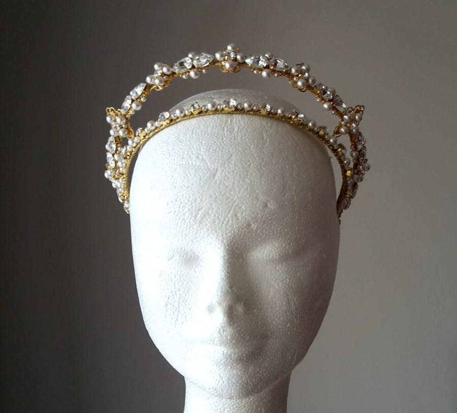 Mariage - Double bridal tiara Wedding pearl tiara Wedding crown gold Bridal tiara Gold tiara princess Bridal crystal diadem Pearl crown