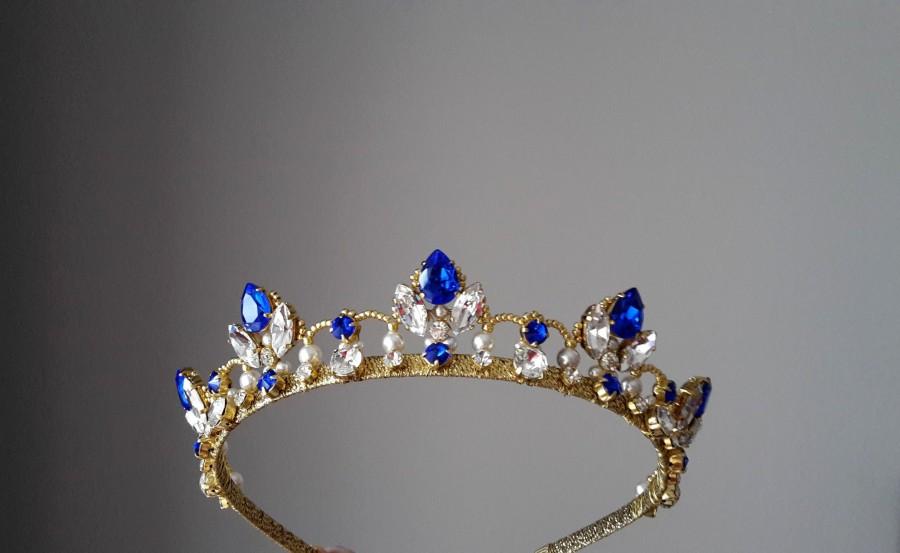 Wedding - Sapphire tiara Bridal crown blue Wedding pearl tiara Blue wedding tiara Gold crown Bridal tiara sapphire blue Bridal headband Something blue