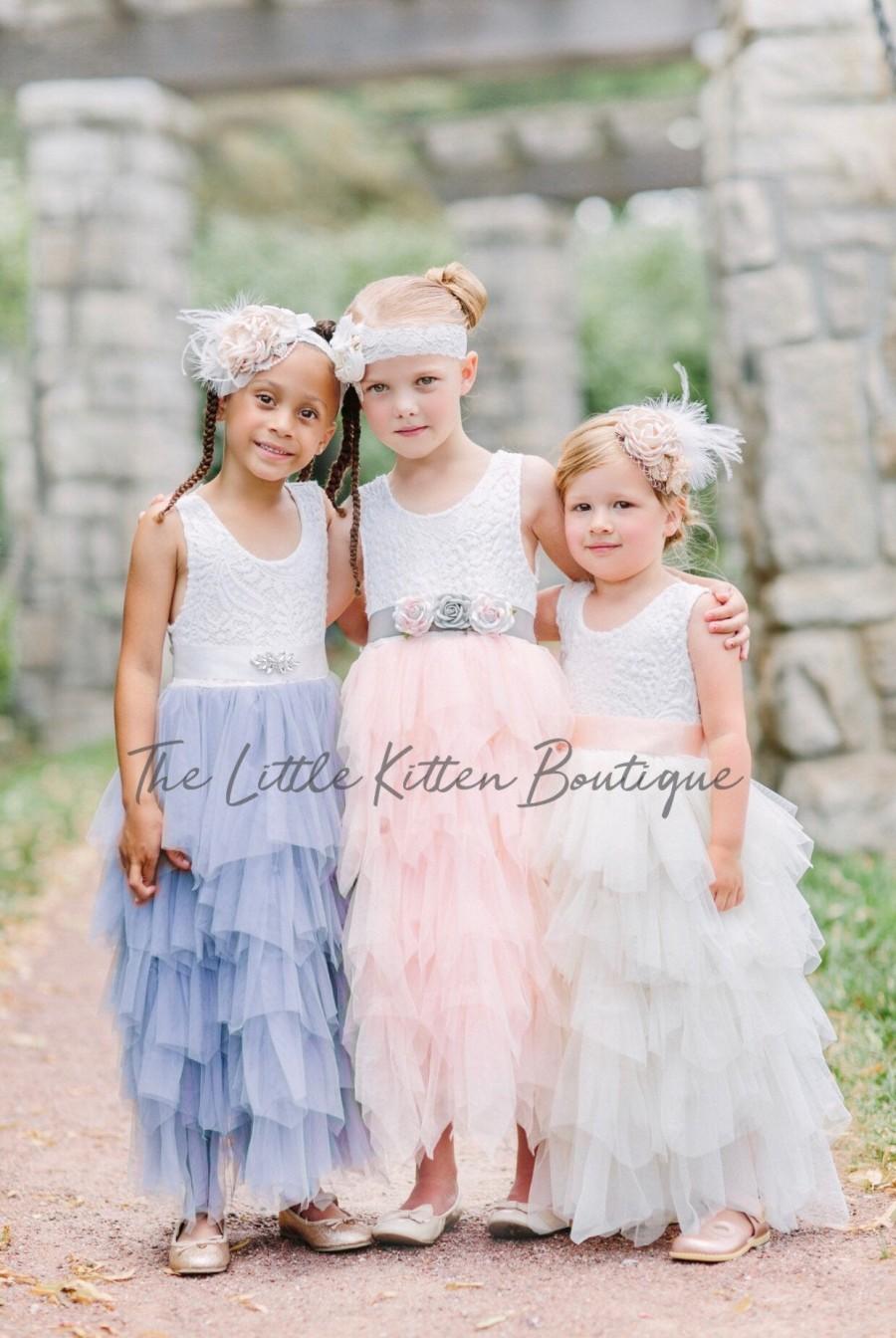Hochzeit - Tulle Flower Girl Dress, Ivory Flower Girl Dress, White Lace Flower Girl Dresses, pink blush flower girl Dress, girls boho Birthday dress
