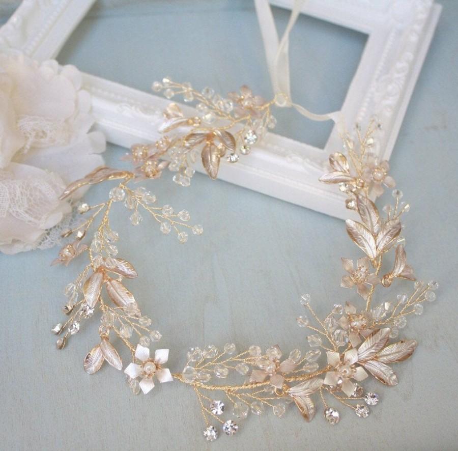 زفاف - Rose gold bridal head band with white ribbon, Bridal hair accessory, Wedding hair accessory