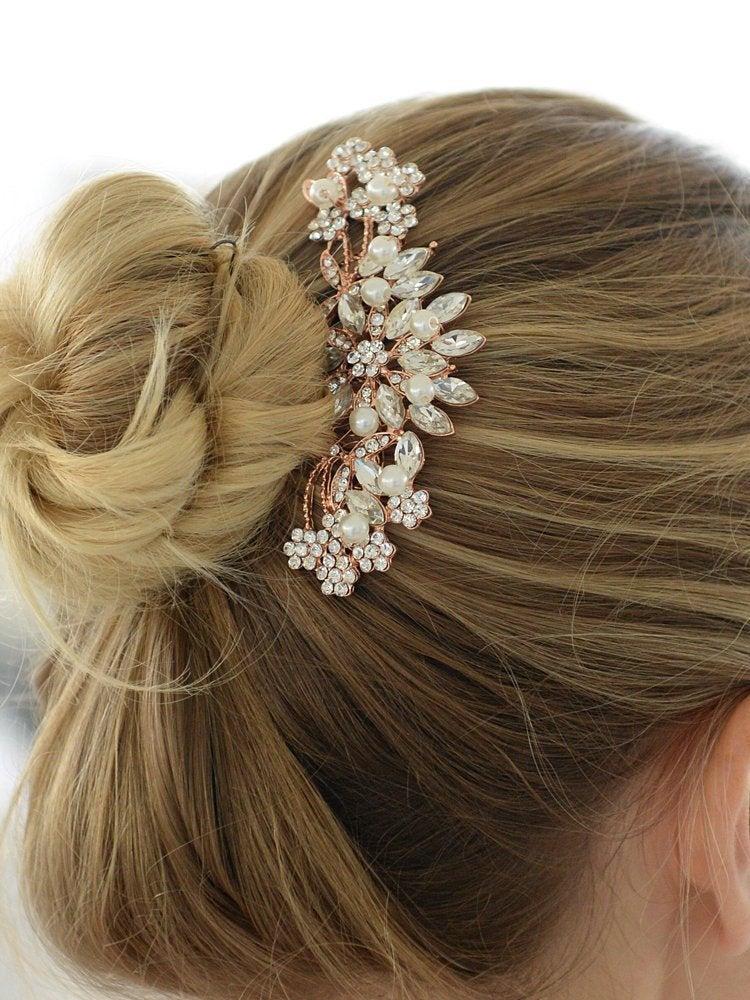 Hochzeit - Mariell Vintage Rose Gold Bridal Hair Comb Simulated Pearl Crystal Wedding Hair Accessories