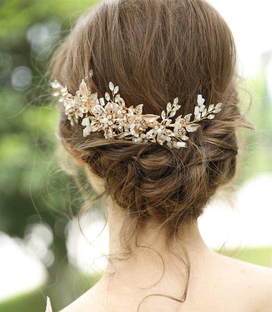 Wedding - Gold rhinestone Floral hair comb,Flower Bridal hair comb,Garden hair piece, flower hair comb,Headpiece,Bridal Hair Accessory,TS81