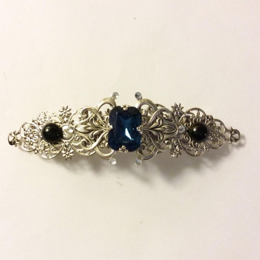 Hochzeit - Bridal barrette Victorian barrette Sapphire blue black hair clip Art Nouveau barrette French barrette Wedding accessories Bridal accessories