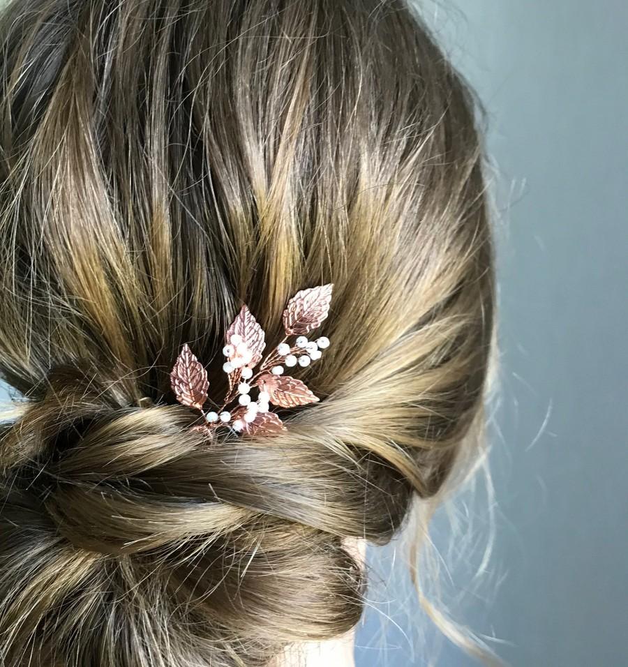 Hochzeit - Bridal headpiece Rose gold leaves hair pins Wedding hair piece Bridal hairpiece Babys breath hair piece Gypsophila hair pins Crystal pin