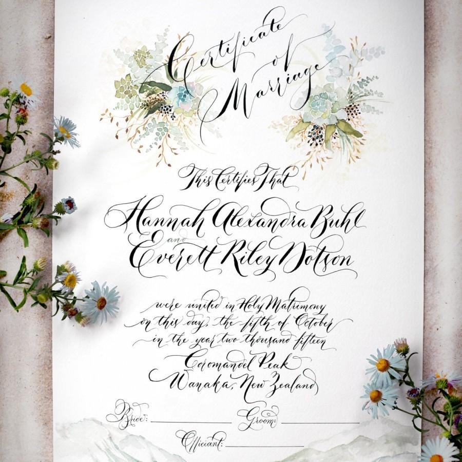Wedding - Hand Written Marriage / Wedding Certificate, Custom Succulent Design, Blue and green, Calligraphy