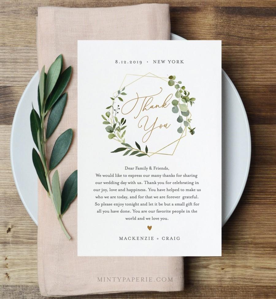 Свадьба - Wedding Thank You Card Template, Greenery & Gold, Printable In Lieu of Favors, INSTANT DOWNLOAD, 100% Editable Text, Templett #056-116TYN