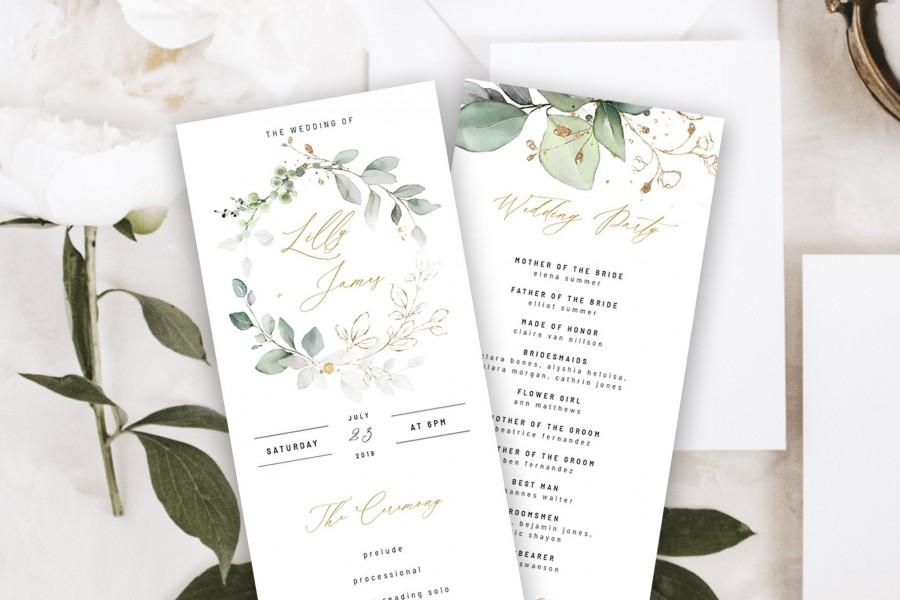 Свадьба - Editable Printable Wedding Program Template, Eucalyptus Greenery, Instant Download, Order of Service, Corjl, 100% Editable, DIY Wedding, 022