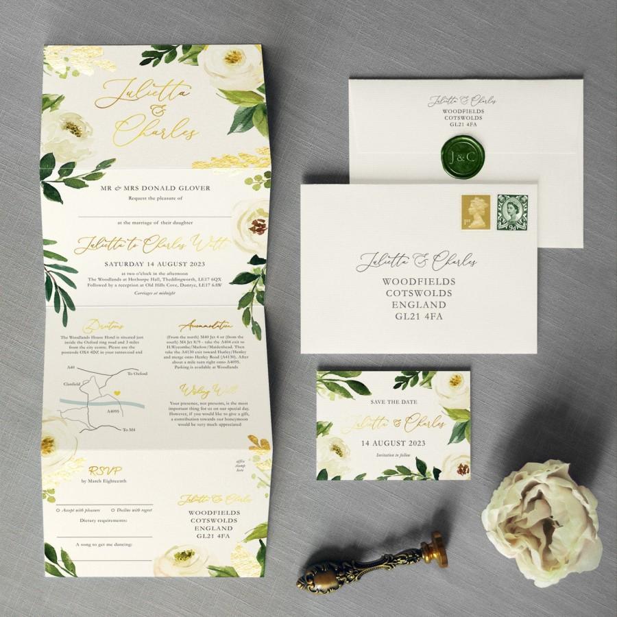 Hochzeit - Viennese - Luxury Gold Foil Wedding Invitations and Save the Date. Hand painted white & ivory florals, stunning greenery. wedding invites