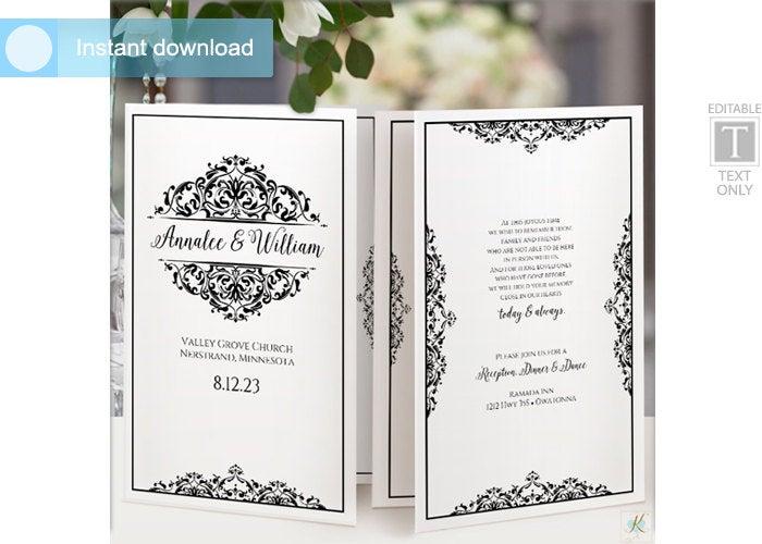 زفاف - SALE! DiY Folded Printable Wedding Program Template - Instant Download - EDITABLE TEXT - Natalia (Black) - Microsoft® Word Format