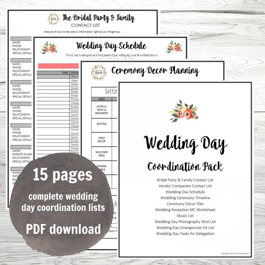 Hochzeit - Wedding Day Coordination Worksheet Lists PDF, Wedding planning, instant download, Big Day Planning Lists, PDF