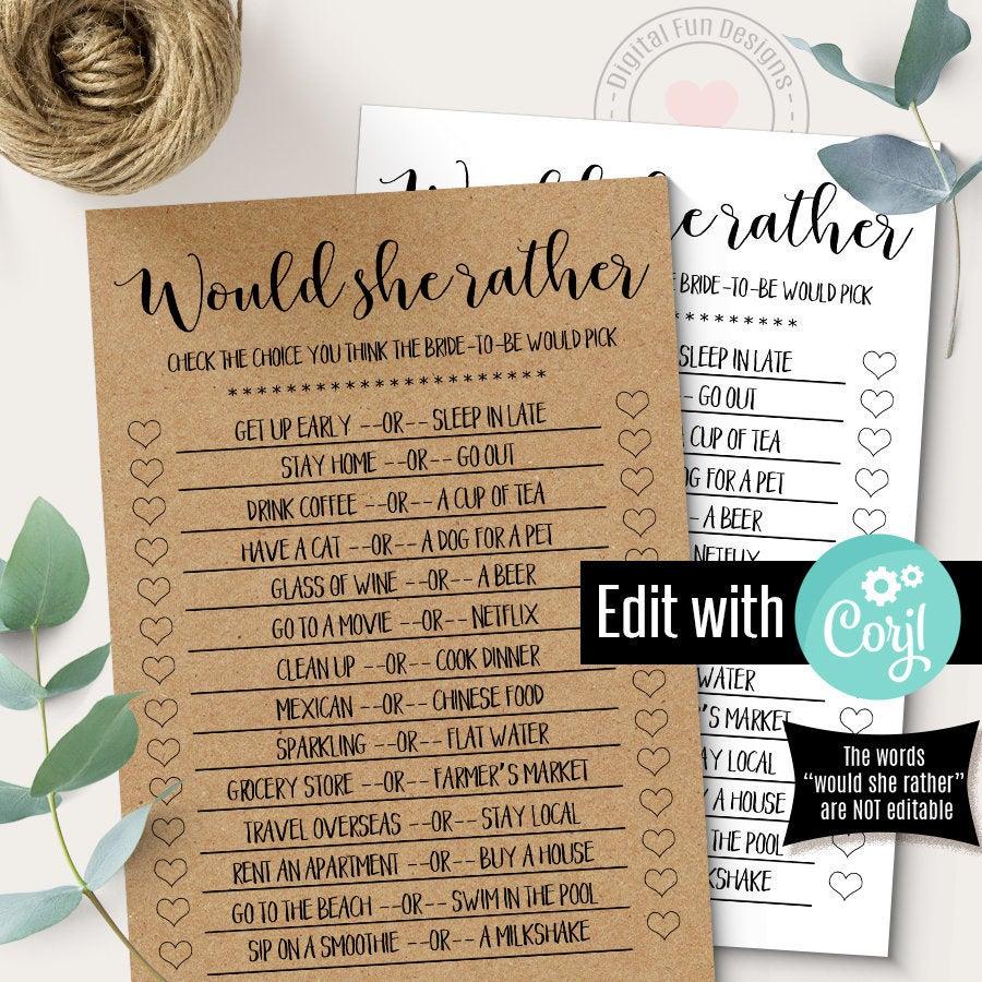 Wedding - Bridal Shower Games, EDITABLE Would She Rather game, printable games, Instant download, self editable, G105