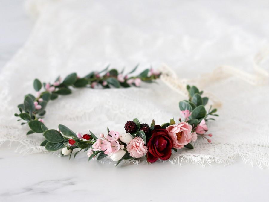 Wedding - Blush burgundy flower crown wedding, rustic floral crown bride, burgundy flower wreath, burgundy flower girl, wedding flower halo