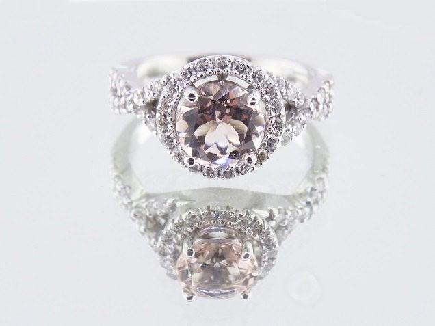 Wedding - 14K White Gold Diamond and Natural Morganite Halo Engagement Ring Infinity Ring Wedding Ring Promise Ring Criss Cross Ring Rose Yellow Gold