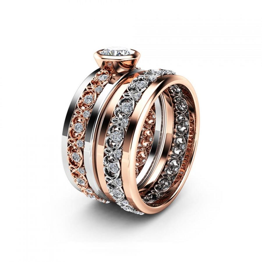 زفاف - 14K Two Tone Bezel Engagement Ring Art Deco Engagement Ring with Matching Diamond Band