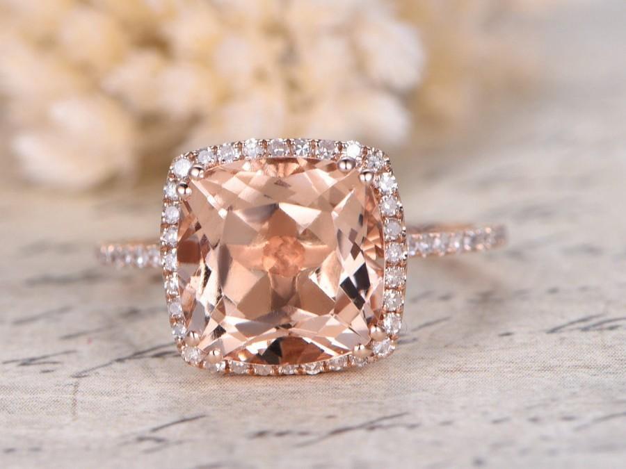 Hochzeit - Morganite Engagement Ring Rose Gold Pave Diamond Ring 9mm Cushion Cut Pink Morganite Ring Art Deco Diamond HALO Diamond Wedding Band Promise