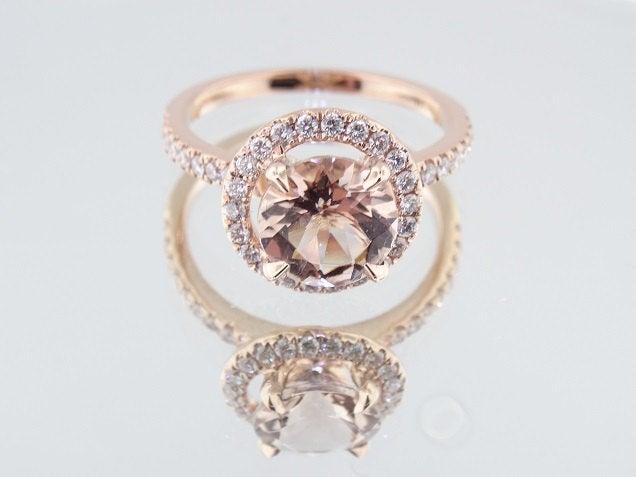 Mariage - 14K Rose Gold Diamond & Natural Morganite Halo Engagement Ring Wedding Ring Anniversary Ring Promise Ring Yellow Gold White Gold Platinum