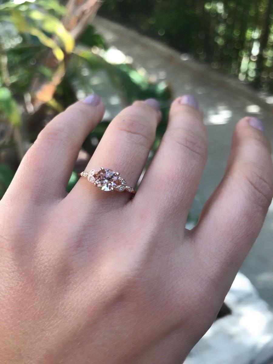 Wedding - Round Morganite Engagement Ring Antique Ornate Delicate Bridal Jewelry Vintage Style Ring