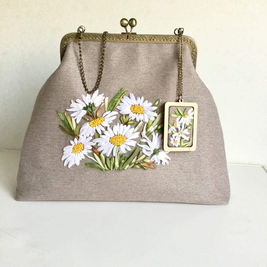Wedding - Thick fabric bag Purse large Size canvas with Embroidered Flowers and pendant for bag handmade Minimalist design bag Original gift for woman