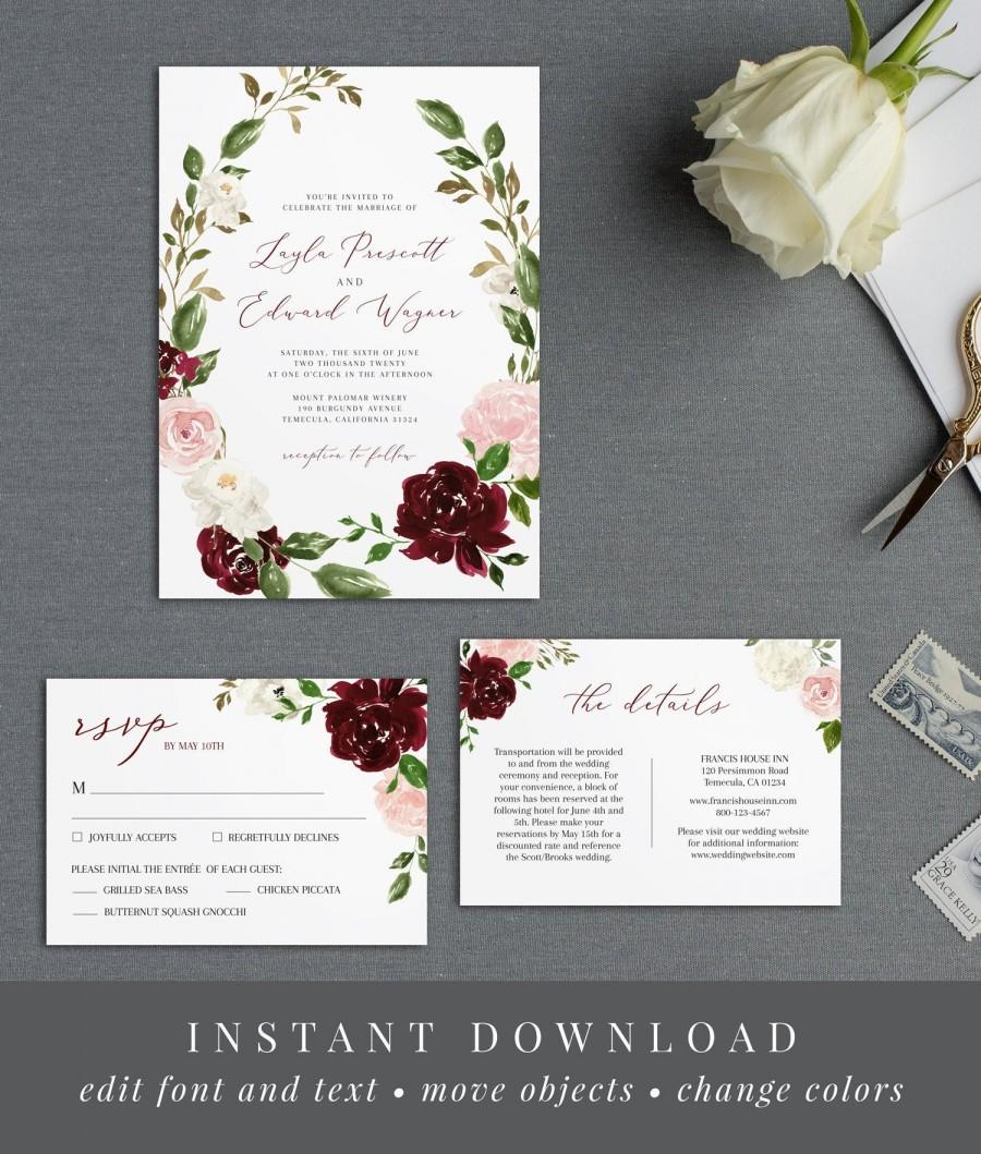 Hochzeit - Blush & Burgundy Wedding Invitation Suite - Editable Template - Watercolor Floral Wreath - Instant Download - RSVP and Detail - WS-017