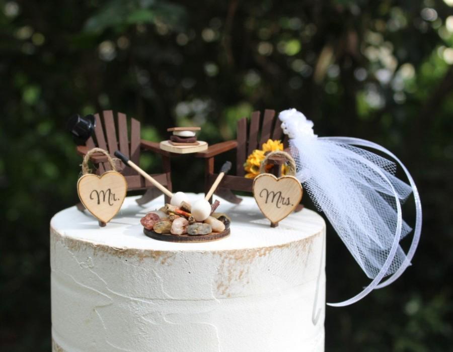 زفاف - Wedding Cake Topper, Camping, Fire Pit, Marshmallows, Sunflowers, Rustic, 6" Cake Topper, 4" Cake Topper, Beach-Bride-Groom-S mores