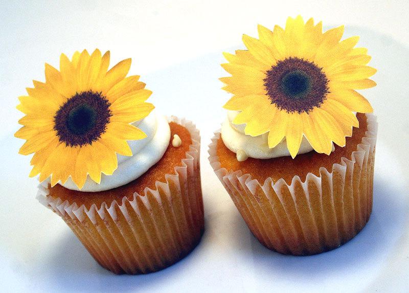 Wedding - Edible Flower Cake Decorations, Yellow Edible Sunflowers, Set of 12 Cupcake Toppers, Yellow Edible Cake Decorations, DIY Wedding Cake