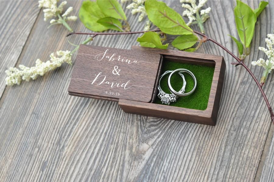 Hochzeit - Walnut Wood Small Ring Box, Wedding Ring Bearer Box, USB Box, Tiny Personalized Ring Gift Box, Custom Engagement Wooden Rings Holder, Photo