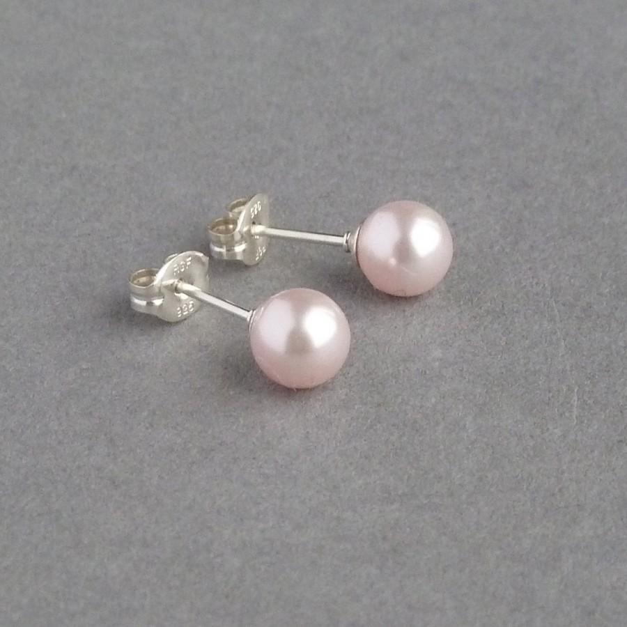 Свадьба - Blush Pink Studs - 6mm Soft Pink Swarovski Pearl Post Earrings - Pale Pink Bridesmaid Jewelry - Bridesmaids Gifts - Rosaline Stud Earrings