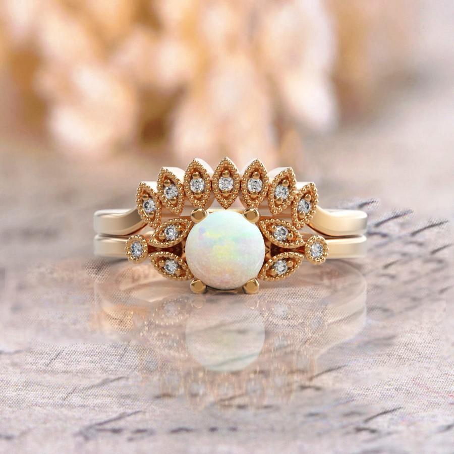 Hochzeit - opal engagement ring Set Opal diamond ring October birthstone 14k opal ring gold White Opal Matching Wedding Band Women Halo Unique Marquise