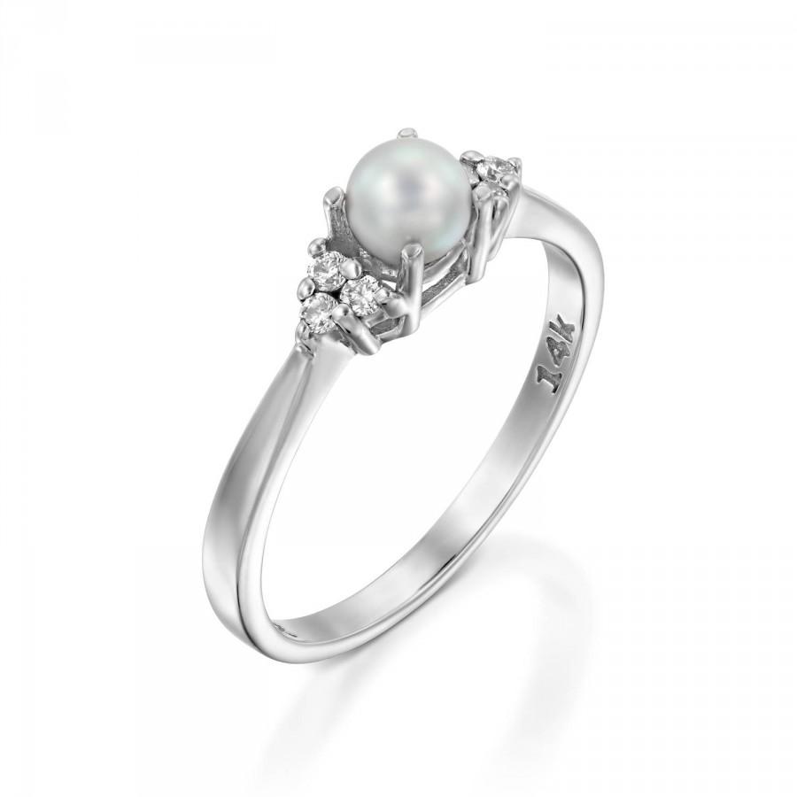 زفاف - Pearl Engagement Ring, 14k white gold engagement ring,  Pearl Wedding Ring, Pearl Diamond Engagement Ring, Dainty Pearl Ring, gift for her