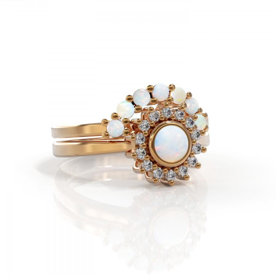 زفاف - Unique Set Opal engagement ring opal and diamond halo ring October birthstone 14k opal ring gold 2mm Matching Wedding Band Women