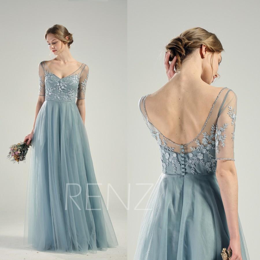 Mariage - Bridesmaid Dress Dusty Blue Tulle Wedding Dress Lace Half Sleeves Beaded V Neck Formal Dress Long A-line Bridesmaid Dress (LS589)