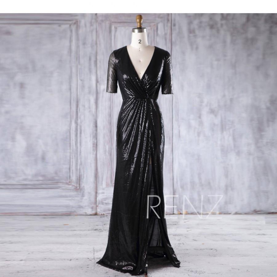 Mariage - Bridesmaid Dress Black Sequin Dress Wedding Dress Ruched V Neck Prom Dress Short Sleeve Fitted Evening Dress Mother Dress Slit Dress(HQ367)