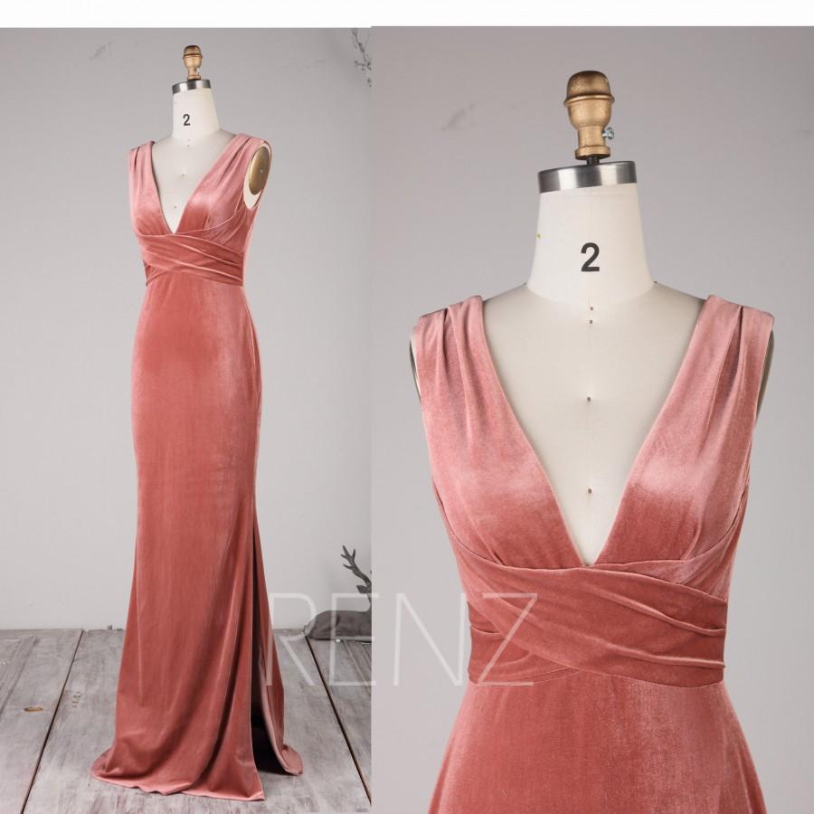 Hochzeit - Velvet Bridesmaid Dress Long Velvet Dress Mermaid Wedding Dress V Neck English Rose Open Back Prom Dress with Slit (LV560)
