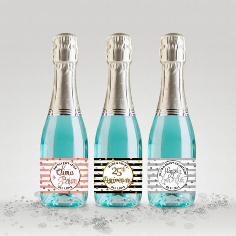 زفاف - Wedding Party Mini Champagne Bottle Labels, Customized - Black-White-Gold, Silver or Rose, Mini Labels - DIY Print, Printable PDF - #GSR