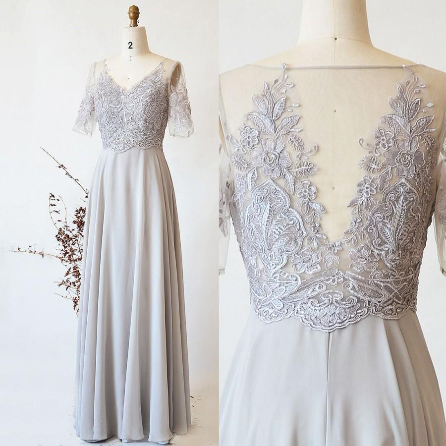 Свадьба - Grey Long Bridesmaid Dress, Half Sleeve Silver Chiffon Dress Lace Wedding Party Dress, A Line Prom Dress 2019  ETSY Floor Length Maxi Dress