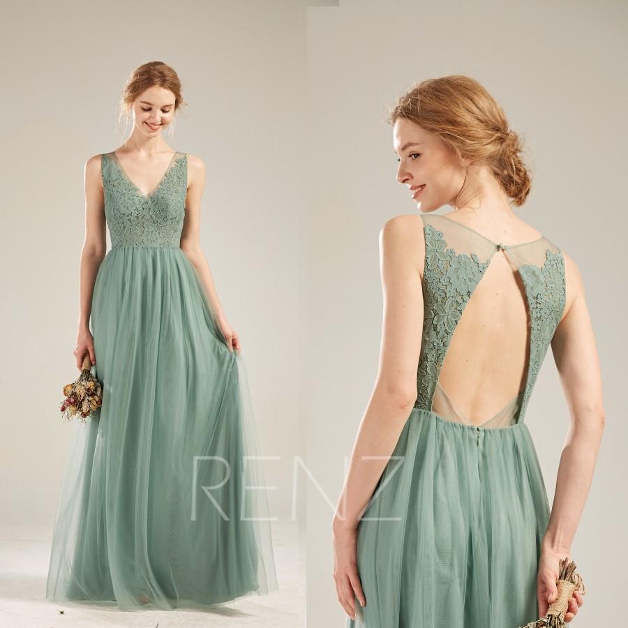 Mariage - Party Dress Dusty Green Tulle Bridesmaid Dress Lace Illusion V Neck Prom Dress Long Open Back Wedding Dress A-Line Evening Dress(LS597)