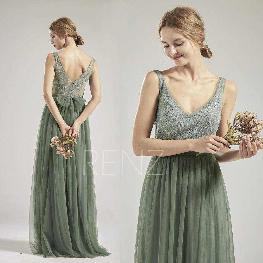 Wedding - Wedding Dress Dusty Green Tulle Bridesmaid Dress Long Lace Formal Dress V Neck Prom Dress Illusion Lace Back A-line Wedding Gown(HS813)