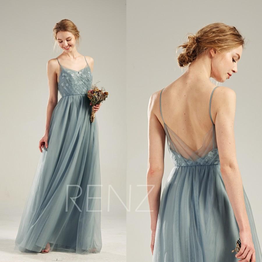Hochzeit - Prom Dress Dusty Blue Long Wedding Dress V Neck Tulle Bridesmaid Dress Spaghetti Strap Formal Dress Backless A-line Lace Party Dress (LS507)