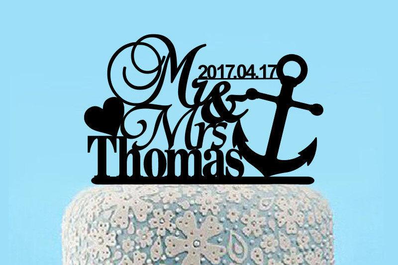 Свадьба - Custom Mr and Mrs Wedding Cake Topper,Nautical Wedding Cake Topper,Personalized Mr Mrs Last Name Cake Topper with Anchor,Unique Cake Decor