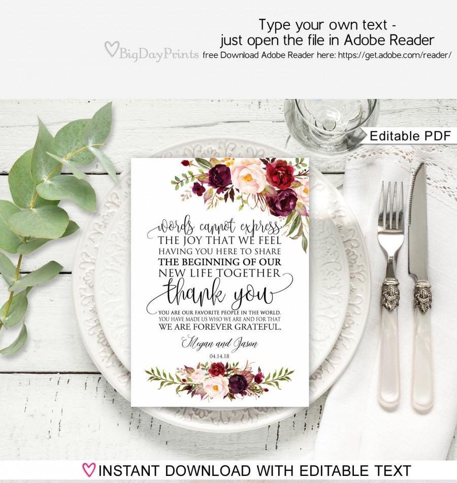 Mariage - Floral Wedding Thank You Place Card, Wedding Table Thank You Template, Printable, Burgundy, Marsala, #A047, Instant Download, Editable PDF