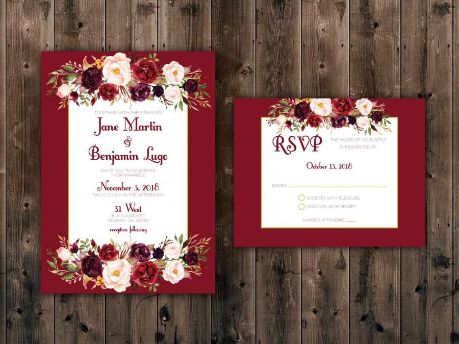 Mariage - Marsala Flowers, Floral, Country Wedding Invitations Set Printed, Rustic Floral Wedding Invitation, Southern, Autumn, Burgundy