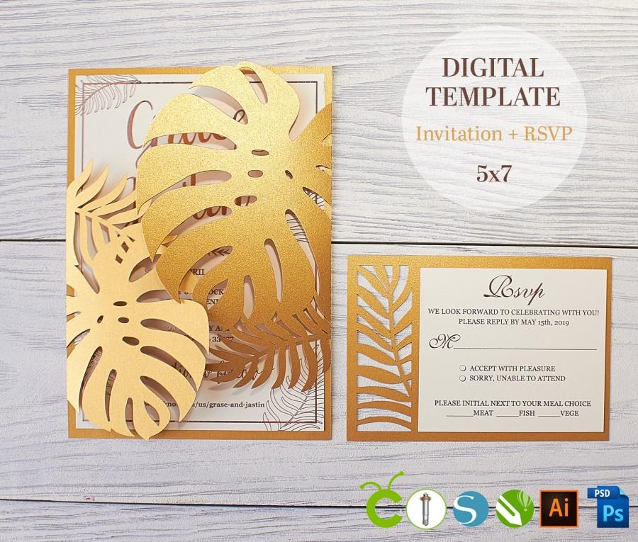 Mariage - DIY wedding invitation template tropical leaves gate fold paper cut files (svg, dxf, ai, eps, cdr) Cricut laser cut stencil Cameo