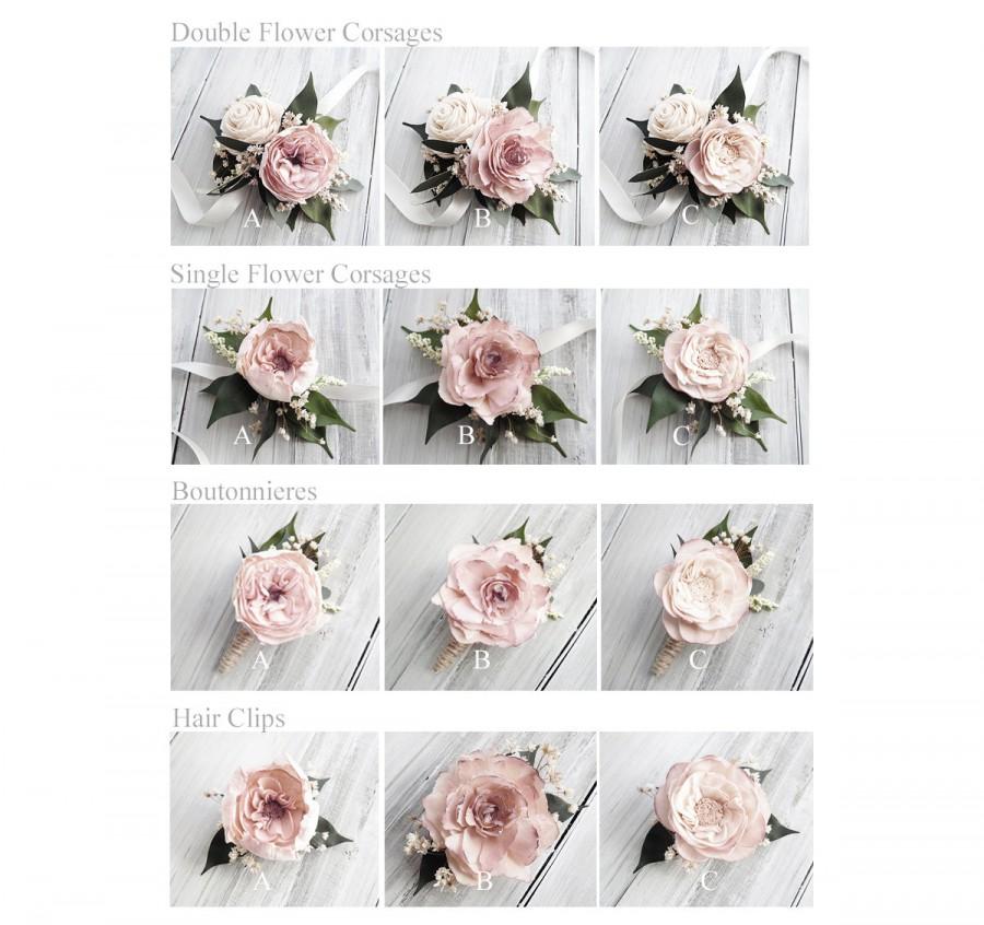 Mariage - Cottage Rose Sola Flower Corsages, Boutonnieres & Hair Clips ~ Colors: Cameo / Light Dusty Rose