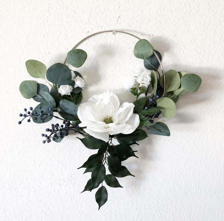 Mariage - Wedding hoop Bouquet, bridesmaid bouquet, hoop wreath magnolia flower, flower girl basket