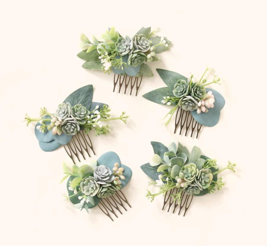 Wedding - Mini succulent comb, Bridesmaid hair comb, Bridal hair accessory, Greenery hair clip, Eucalyptus hair comb, Small leaf clip, Boho bridal