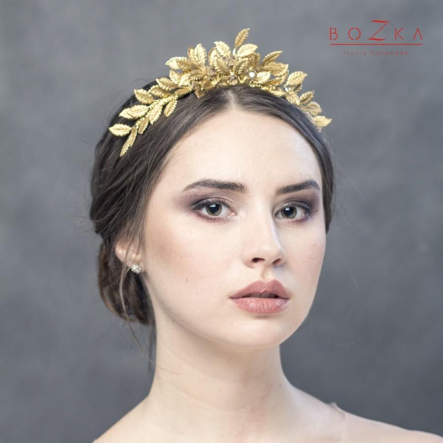 زفاف - Gold tiara with beige rhinestones, gold leafs headband, bridal tiara, greece tiara