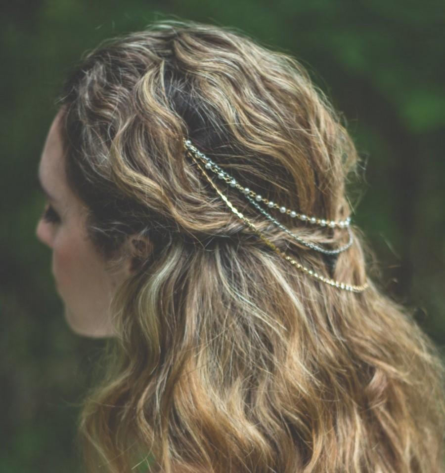 Свадьба - Bridal Gold Hair Chain, Pearl Hair Swag, Pearl Hair Wreath, Bridal Headpiece, Bohemian Bridal Hair Accessory, Wedding Headpiece