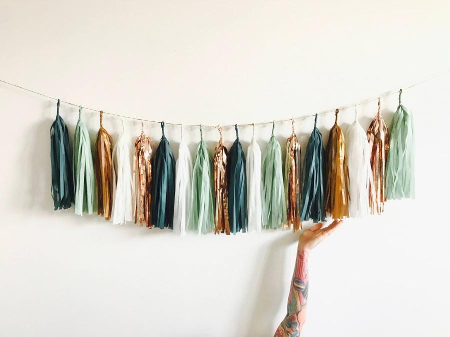 Mariage - Sage Green, Rose Gold and Copper Tassel Garland - Eucalyptus Baby Shower Decorations, Teal Wedding, Greenery Botanical, High Chair Banner