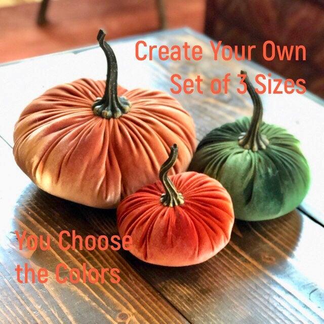 Hochzeit - Velvet Pumpkins Create Your Own Set of 3 Different Sizes and Colors, Fall decoration, table centerpiece, modern rustic wedding decor